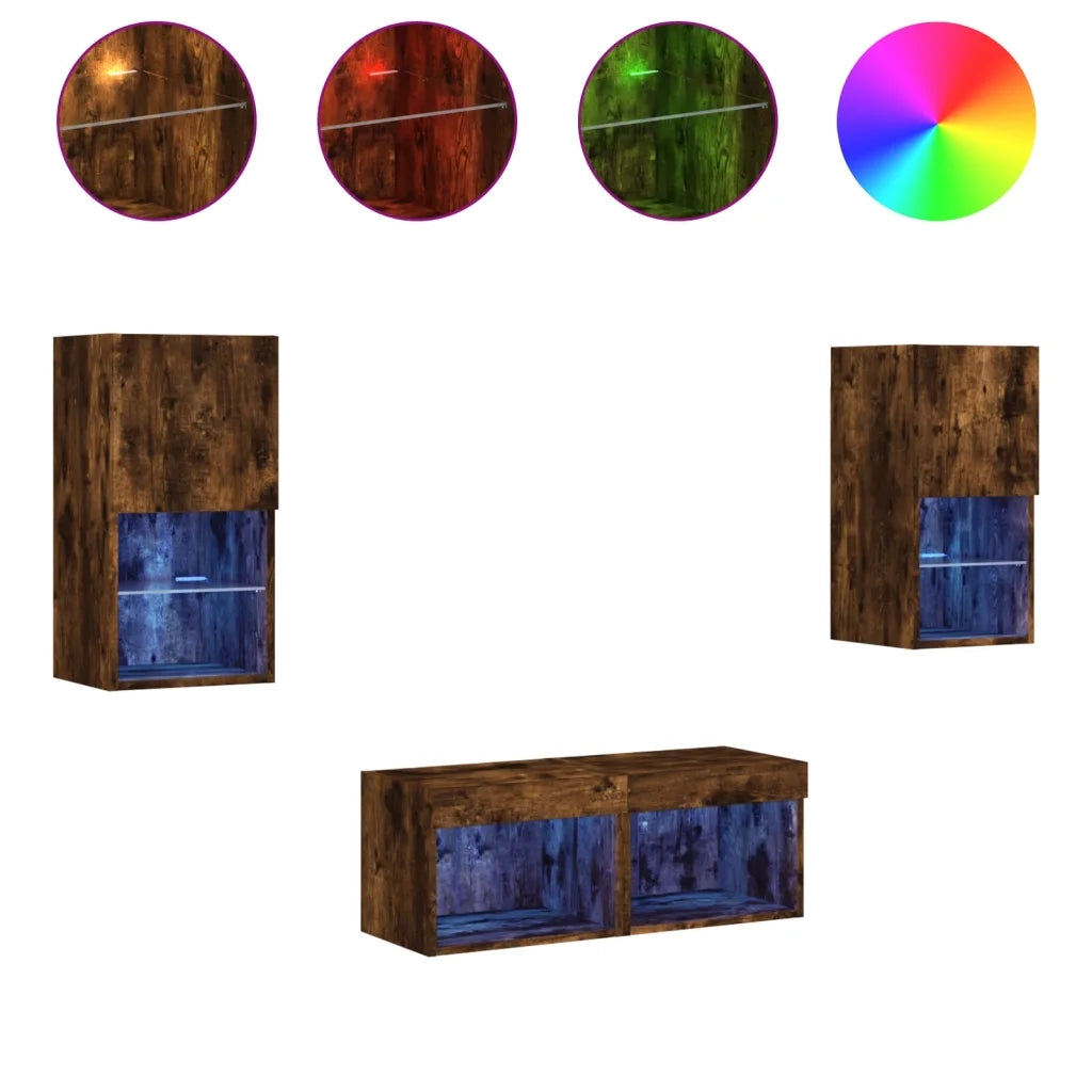 vidaXL Mobili TV a Muro 4pz con Luci LED Rovere Fumo