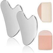 Gua Sha Gereedschap 2 Stuks - Acciaio Inossidabile - Apparecchio per Massaggio Faciale - Gua Sha Metallico - Borsa in Pelle - 8,5 x 6 cm - Roller per la Pelle Faciale