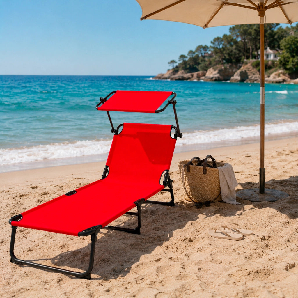 Lettino Pieghevole Con Tettuccio Regolabile Prendisole Parasole Schienale Reclinabile Regolabile Struttura In Metallo Nero Sedia Sdraio Per Spiaggia Mare Giardino Piscina 187 x 53 x 24 Cm Rosso