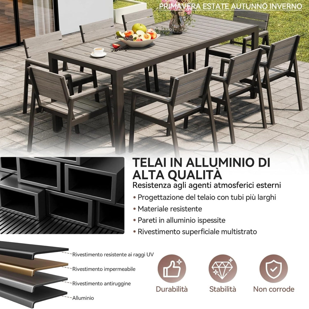 HDPS Set Tavolo e Sedie da Giardino 9 Pezzi Resistente alle Intemperie, Completo di Tavolo 189 cm e 8 Sedie da Esterno in Alluminio, Finitura a Vena di Legno e Facile da Manutenzionare (Grigio)