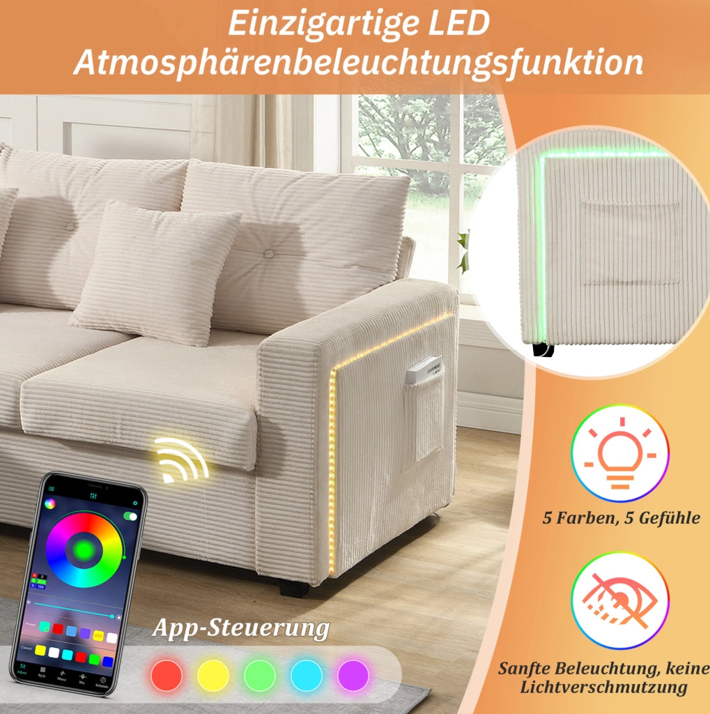 Divano modulare a L in velluto a coste beige con LED e pouf