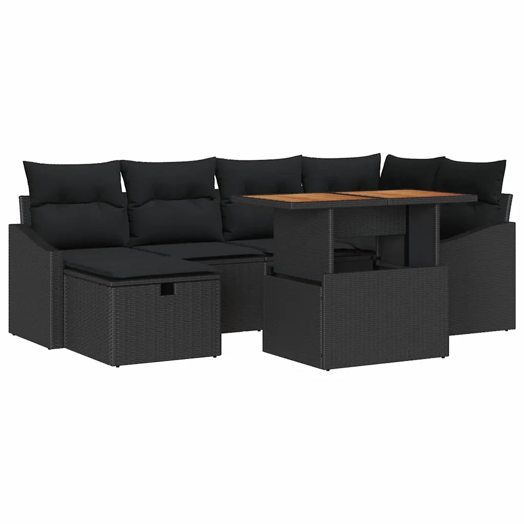 Set Divano da Giardino con cuscino 7 pcs Nero polyrattan