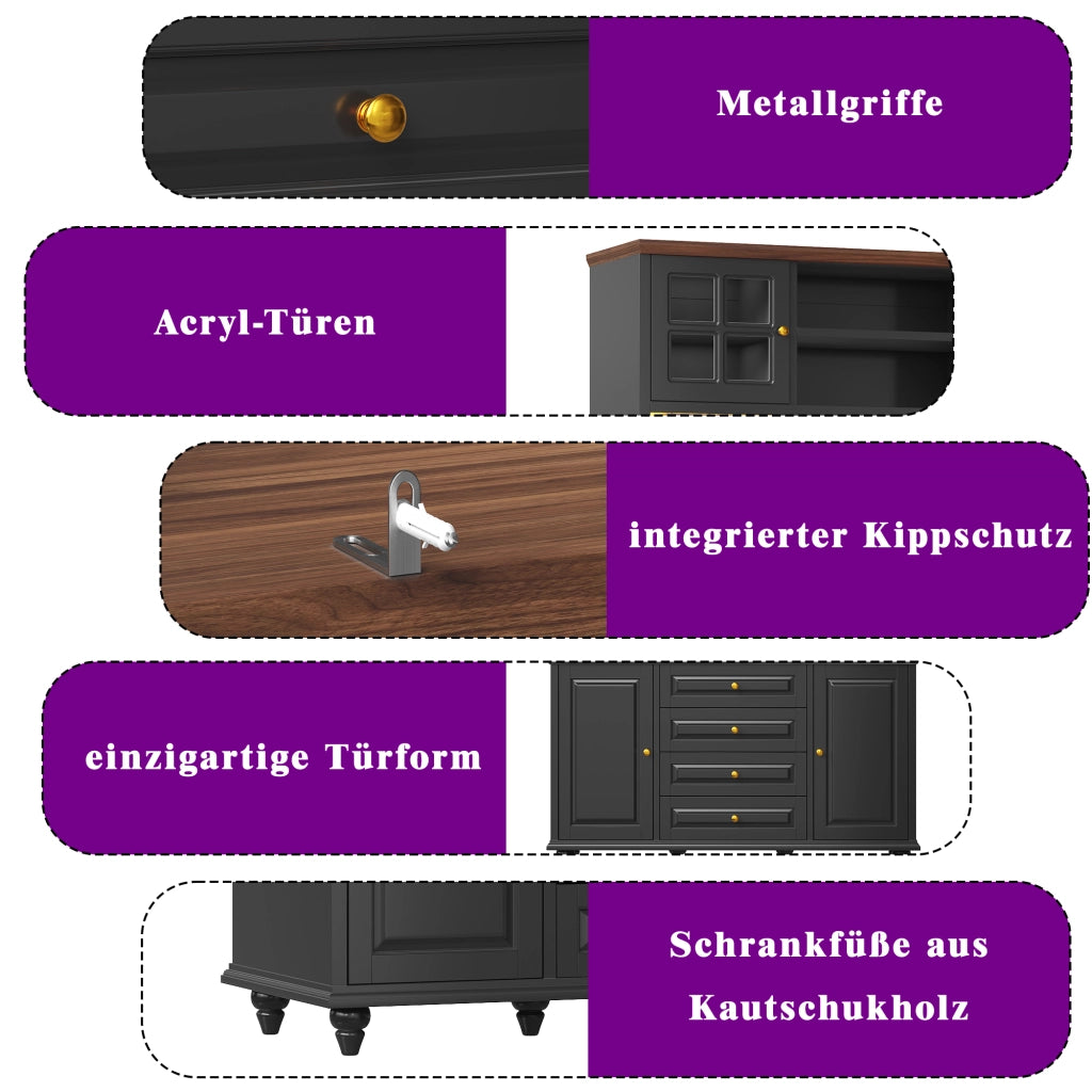 Credenza alta con LED RGB, 4 cassetti e ripiani regolabili per cucina e soggiorno, in MDF, nero, 140 × 40 × 179.5 cm