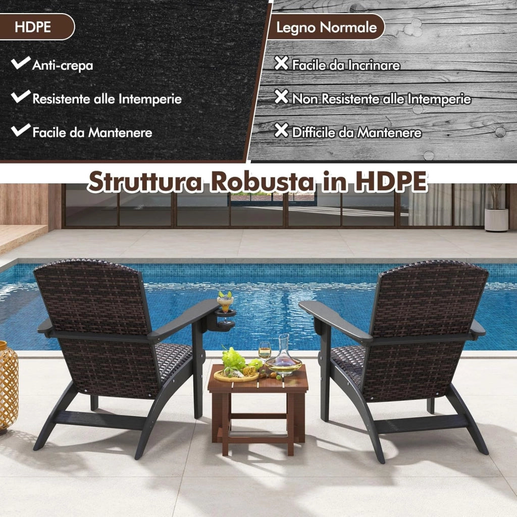Sedia Adirondack da Giardino, Sedia da Lounge HDPE con Sedile e Schienale Imbottiti in Rattan, Porta Tazza Nascosto, Poltrona per Esterno Giardino Prato, Portata 150 kg (Nero)