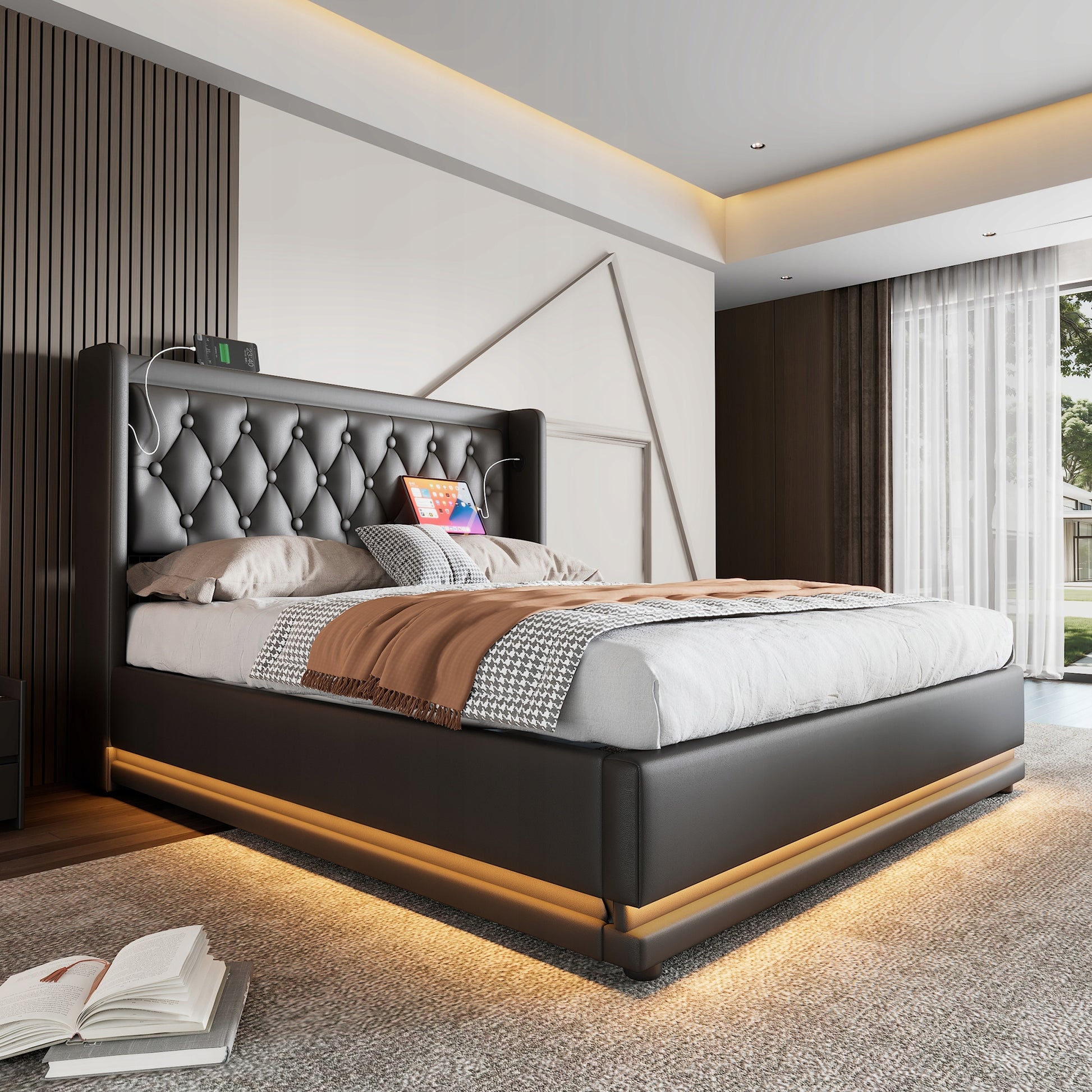 Letto imbottito 140x200 - Xylo - Nero - Idraulico