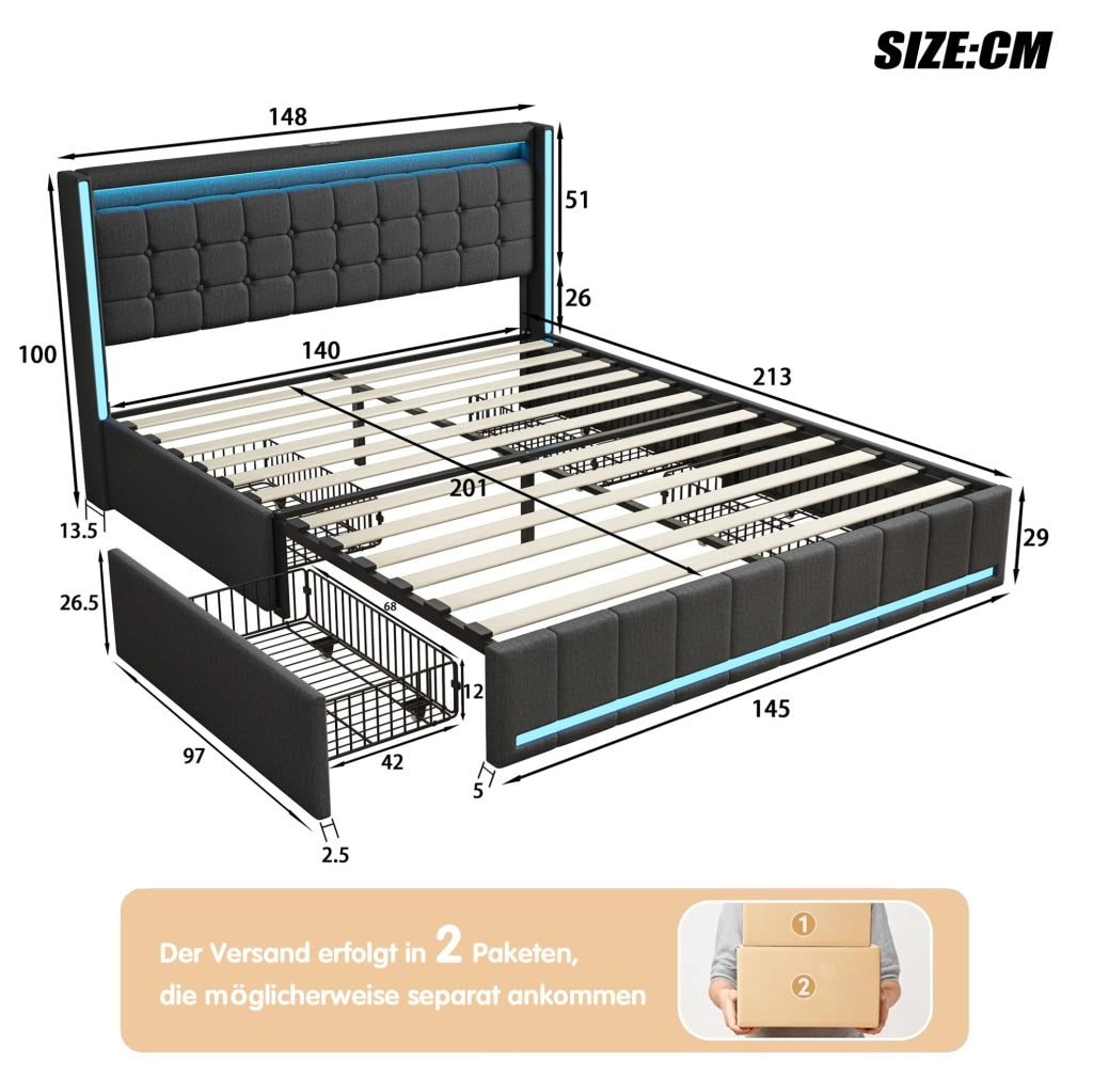 Letto 140x200 cm con 4 cassetti, LED e USB-C in lino grigio scuro