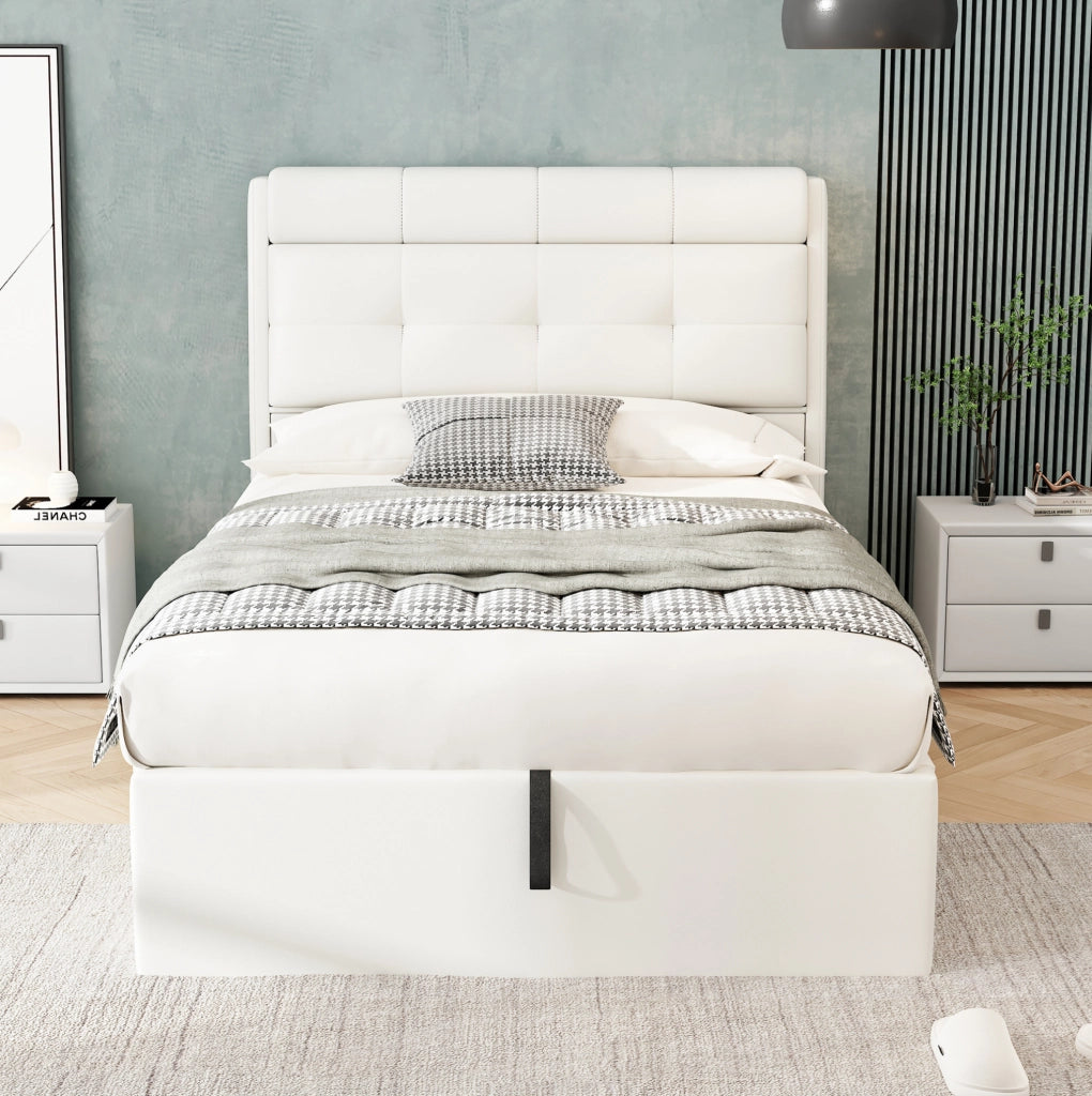 Letto singolo 90x200 cm con contenitore e sollevamento idraulico; similpelle bianco