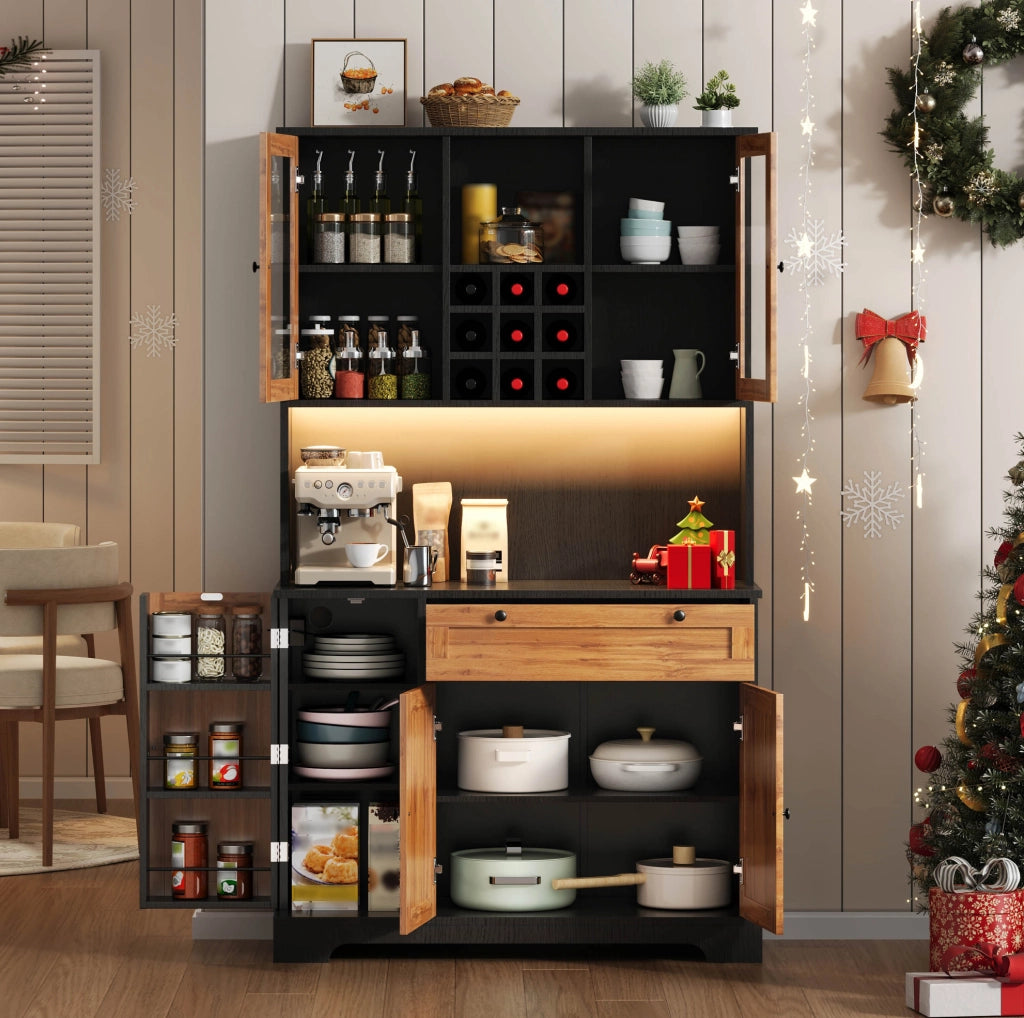 Credenza cucina con LED, presa integrata e vano portabottiglie