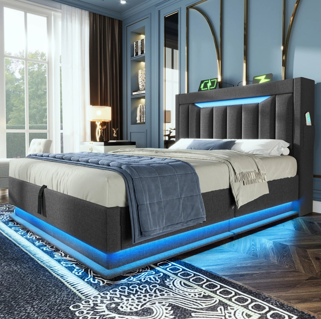 Letto singolo imbottito ULEVR 90x200 cm con contenitore idraulico, LED, 3 USB e Type-C, lino grigio