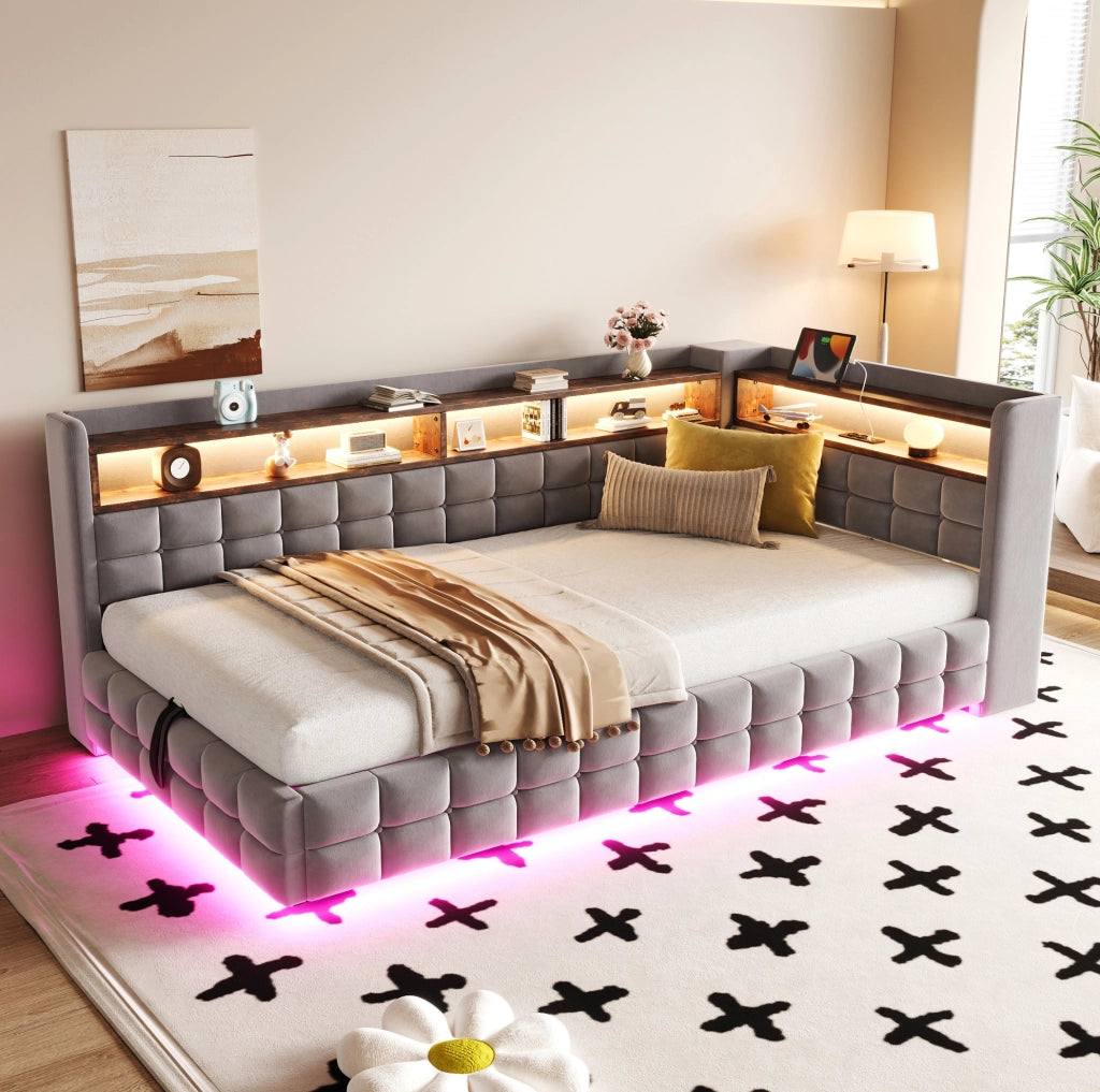 Divano letto imbottito 90x200 cm con contenitore idraulico; LED; USB; presa e mensole in legno; grigio chiaro