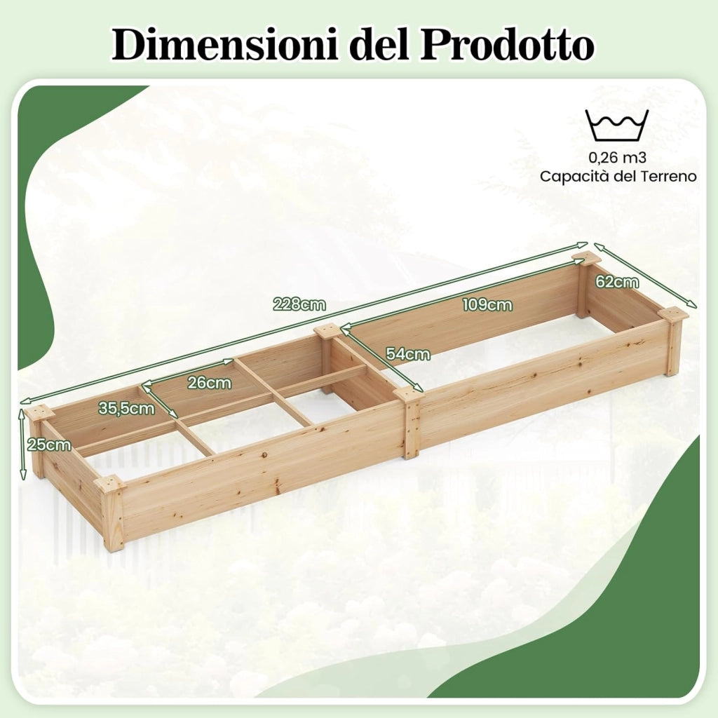 Lettino da Giardino Elevato in Legno con 2 Scatole per Piante e Separatori, Fioriera da Giardino Rialzato in Legno Massiccio da 228 cm per Fiori, Verdure, Frutta e Erbe (Naturale)