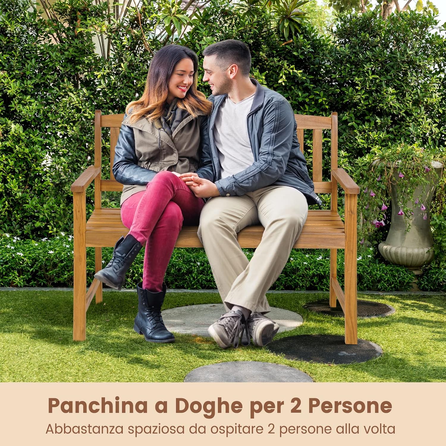 Panchina da Esterno in Legno di Acacia, Panchina con Schienale, Braccioli e Sedile a Doghe, Panchina da Giardino, Balcone e Cortile, Portata 360 kg (110 x 56,5 x 86 cm)