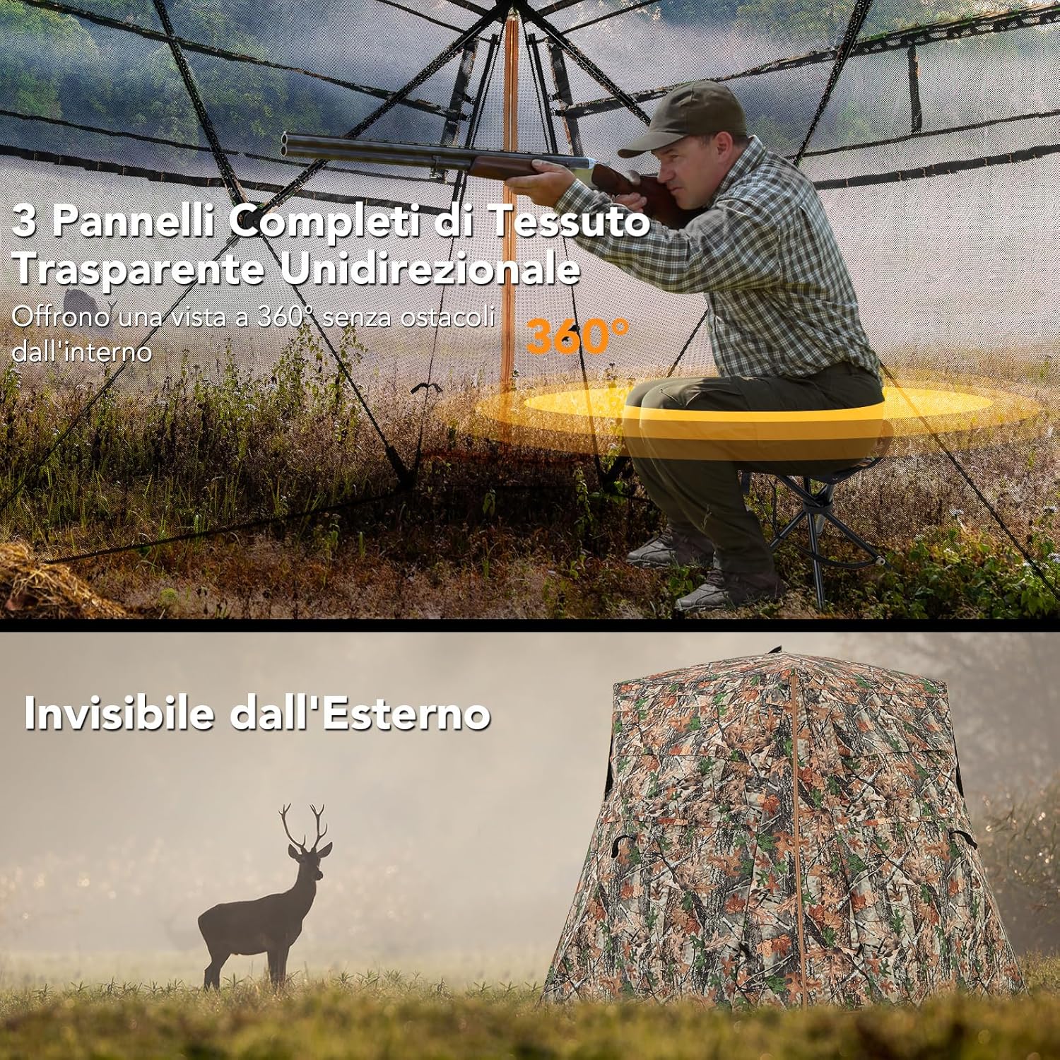 Tenda da Caccia per 2-3 Persone, Tenda Mimetica a Visione a 360° Trasparente per Caccia, Tenda Pop-Up Camouflage con Borsa da Trasporto, Attrezzatura e Accessori da Caccia, 249 x 211 x 175 cm