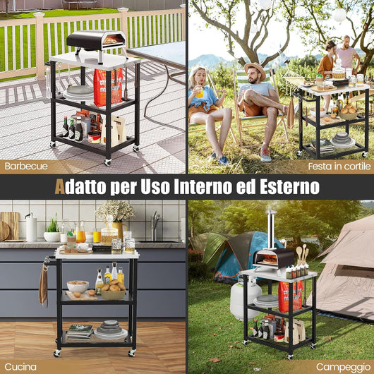 Carrello Grill da Esterno a 2/3 Piani, Supporto per Forno per con Piano e Maniglia in Acciaio Inossidabile, Carrello per Barbecue con Ganci e Ruote, Multiuso(3 Livelli)