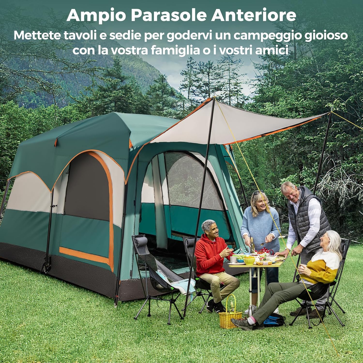 Tenda da Campeggio con Divisorio, Tenda a Doppio Strato con Telo Antipioggia, Telo in PE, Finestre a Rete, Impermeabile e Antivento, con Borsa