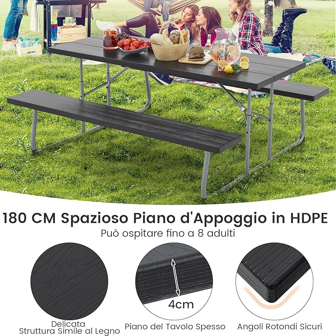 Tavolo da Picnic Pieghevole con 2 Panche, Set di Tavolo da 183 cm con Telaio in Metallo, Piano in HDPE, con Foro per Ombrellone, Tavolo da Pranzo da Giardino, Portata Totale 650 kg (Nero)