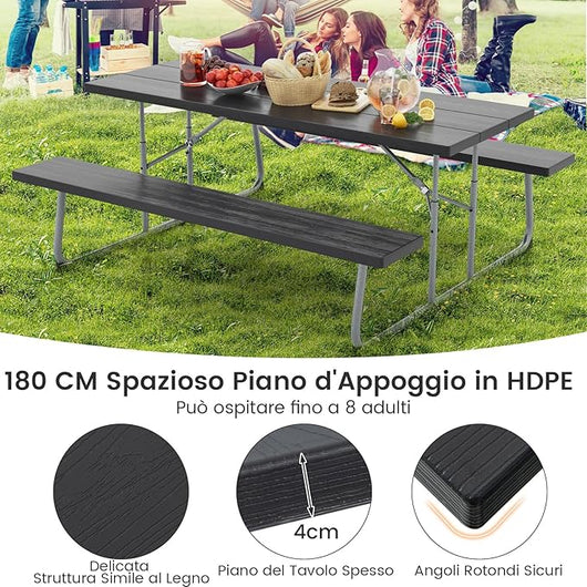 Tavolo da Picnic Pieghevole con 2 Panche, Set di Tavolo da 183 cm con Telaio in Metallo, Piano in HDPE, con Foro per Ombrellone, Tavolo da Pranzo da Giardino, Portata Totale 650 kg (Nero)