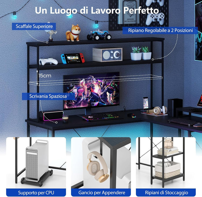 Scrivania per Computer a Forma di L, Tavolo da Gioco con Scaffale Regolabile, Gancio, Supporto per CPU, Striscia LED, Telecomando e Prese di Corrente, Desk per Studiare e Lavorare (Nero)