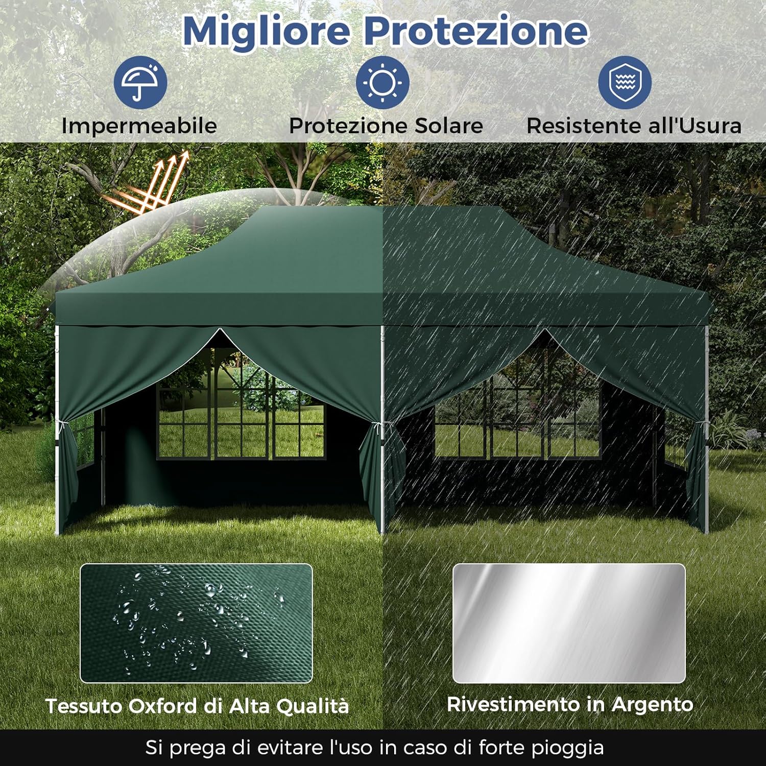 Gazebo da Giardino 3 x 6 m, Tendone per Feste con 6 Pannelli Laterali Rimovibili, con Borsa da Trasporto, Design Pop-up, per Matrimonio Eventi e Barbecue (Verde)