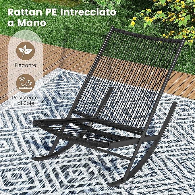 Set 3 Pezzi Sedie a Dondolo, Sedie in Rattan PE con Tavolino in Metallo e Cuscini Spessi, Set di Mobili da Giardino per Balcone e Bordo Piscina