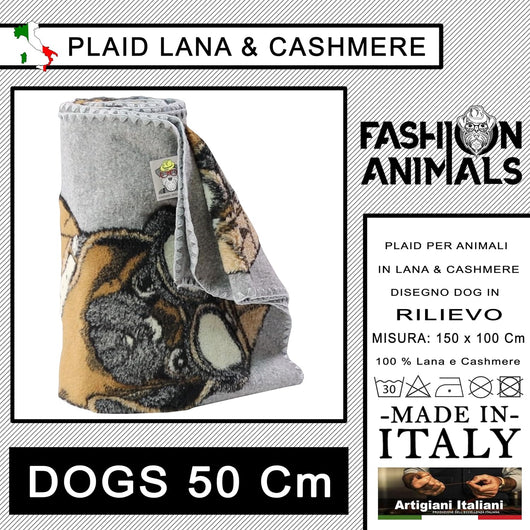 Plaid per cani e gatti - Lana e Cashmere - Coperta morbida e lavabile 150x100 cm - Elegante e resistente - Made in Italy (Dog 50 CM)