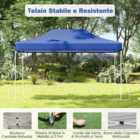 Gazebo Pop-up Pieghevole 3 x 4,5 m, Gazebo da Giardino Impermeabile Altezza Regolabile con Fori di Drenaggio, Tenda da Giardino Antivento con Borsa di Trasporto a Ruote (Blu)