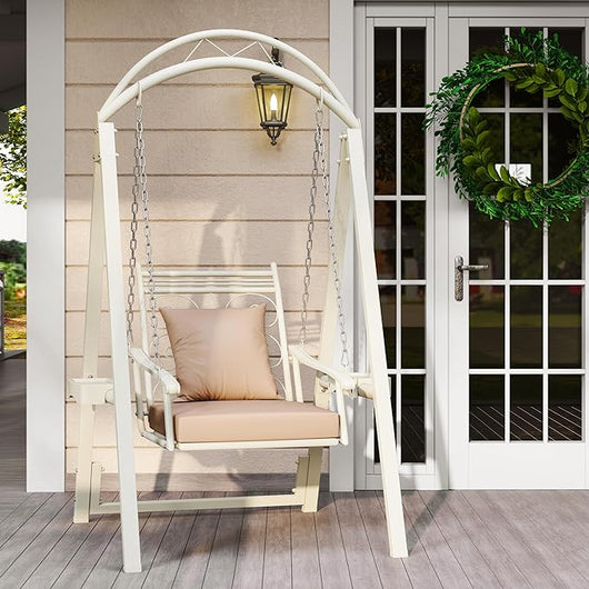 Sedia Sospesa da Esterno, Sedia a Dondolo Singola con Cuscini Removibili e Tavolini Laterali per Giardino, Portata 160 kg, Altalena con Supporto da Esterno ed Interno (Bianco)