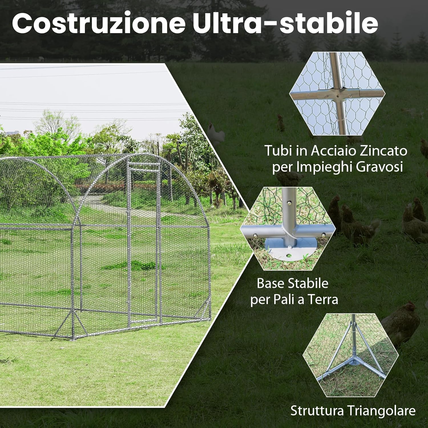 Pollaio per Galline da Esterno, Recinto per Polli in Metallo Zincato con Copertura in PE, Abitazione a Forma di Cupola per Anatre e Conigli per Cortile e Fattoria