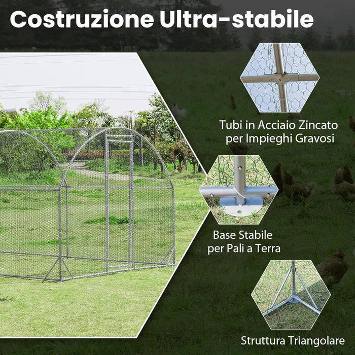 Pollaio per Galline da Esterno, Recinto per Polli in Metallo Zincato con Copertura in PE, Abitazione a Forma di Cupola per Anatre e Conigli per Cortile e Fattoria