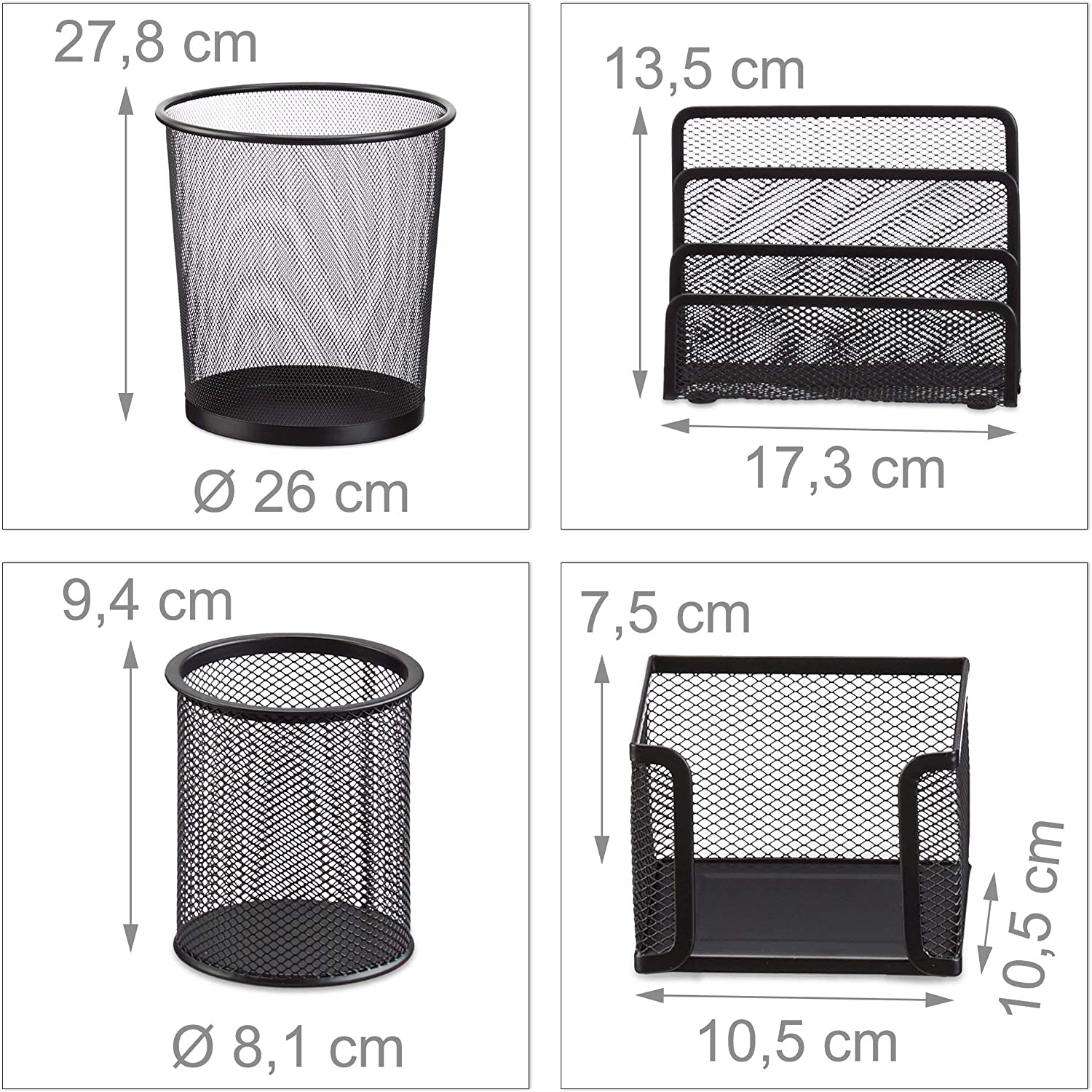 Set di 4 articoli per ufficio in metallo organizer per la posta, blocchetto per appunti, portapenne, cestino per la carta, nero 13_0002463_2