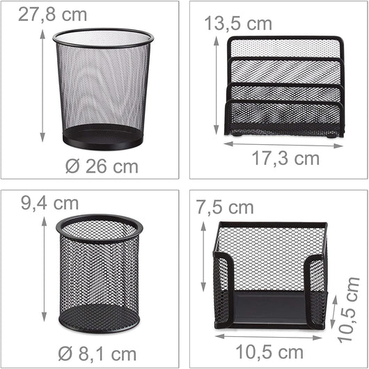 Set di 4 articoli per ufficio in metallo organizer per la posta, blocchetto per appunti, portapenne, cestino per la carta, nero 13_0002463_2