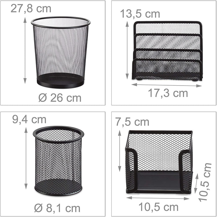 Set di 4 articoli per ufficio in metallo organizer per la posta, blocchetto per appunti, portapenne, cestino per la carta, nero 13_0002463_2