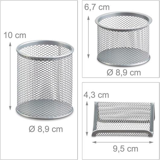 Set 6 forniture per ufficio pattumiera portapenne blocco note biglietti da visita posta contenitore in metallo argento 13_0002465