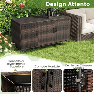 Cassapanca da Giardino in Rattan PE, 318 L, 3 Porte con Ripiani Rimovibili, Impermeabile, per Cuscini, Guanciali, Attrezzi e Accessori da Piscina, 135 x 50 x 70,5 cm (Marrone)