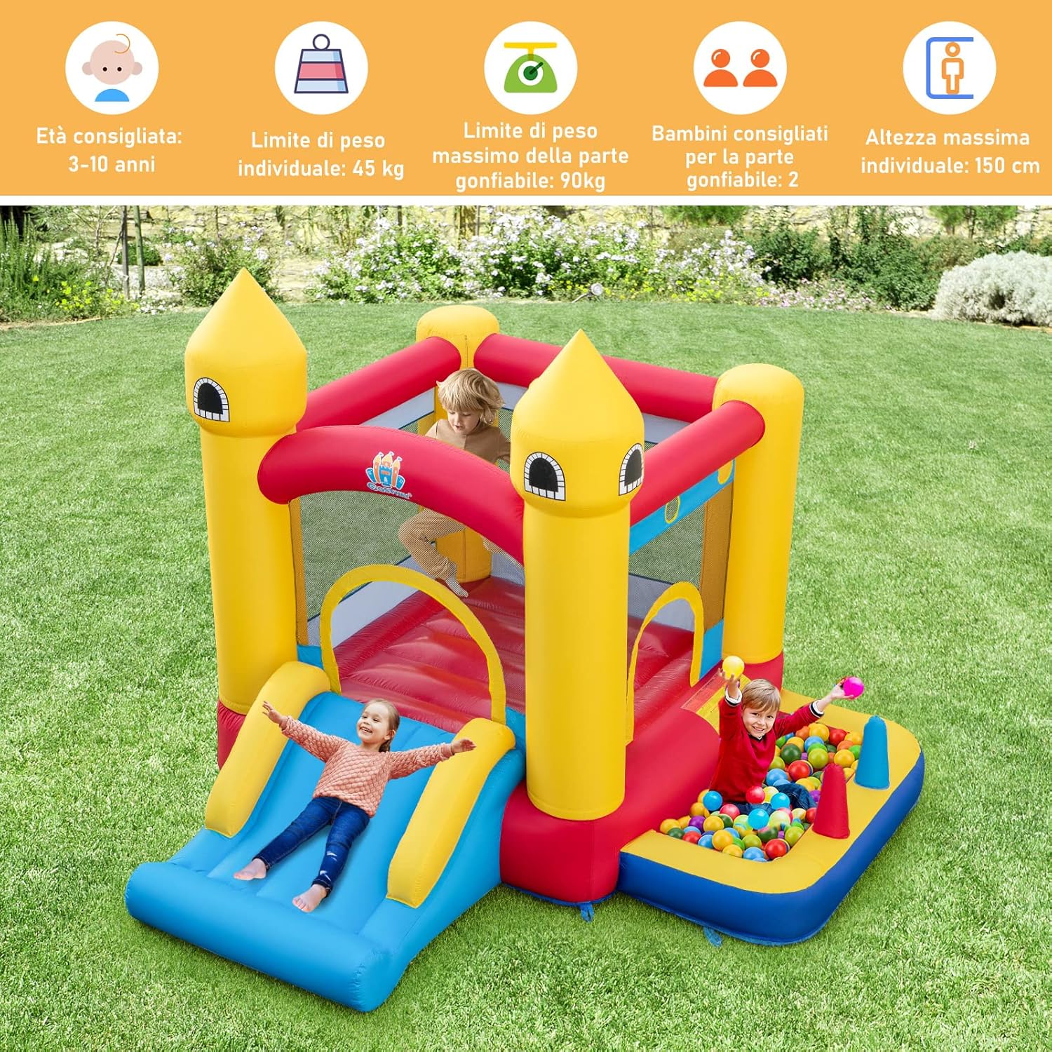Castello Gonfiabile 6 in 1 con Soffiatore 480W, Gonfiabile per Bambini con Scivolo, Area di Salto, Canestro, Piscina di Palline, Lancio di Anelli e di Palline, per Interno Esterno e Feste