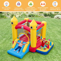 Castello Gonfiabile 6 in 1 con Soffiatore 480W, Gonfiabile per Bambini con Scivolo, Area di Salto, Canestro, Piscina di Palline, Lancio di Anelli e di Palline, per Interno Esterno e Feste