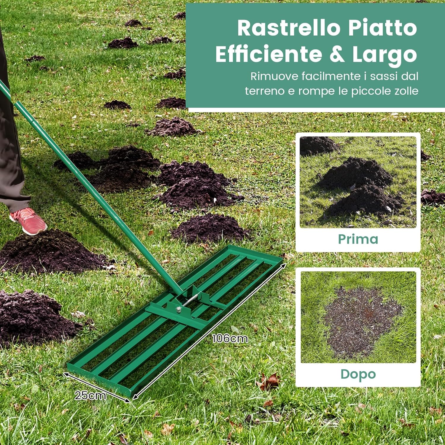 Rastrello Livellatore per Prato, Attrezzo per la Livellatura del Prato con Manico Ergonomico, Livellatrice per Giardino, Cortile, Campo da Golf, Fattoria e Pascolo (106 x 25 cm)