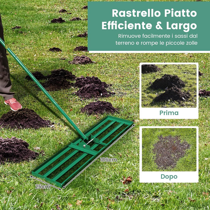 Rastrello Livellatore per Prato, Attrezzo per la Livellatura del Prato con Manico Ergonomico, Livellatrice per Giardino, Cortile, Campo da Golf, Fattoria e Pascolo (106 x 25 cm)