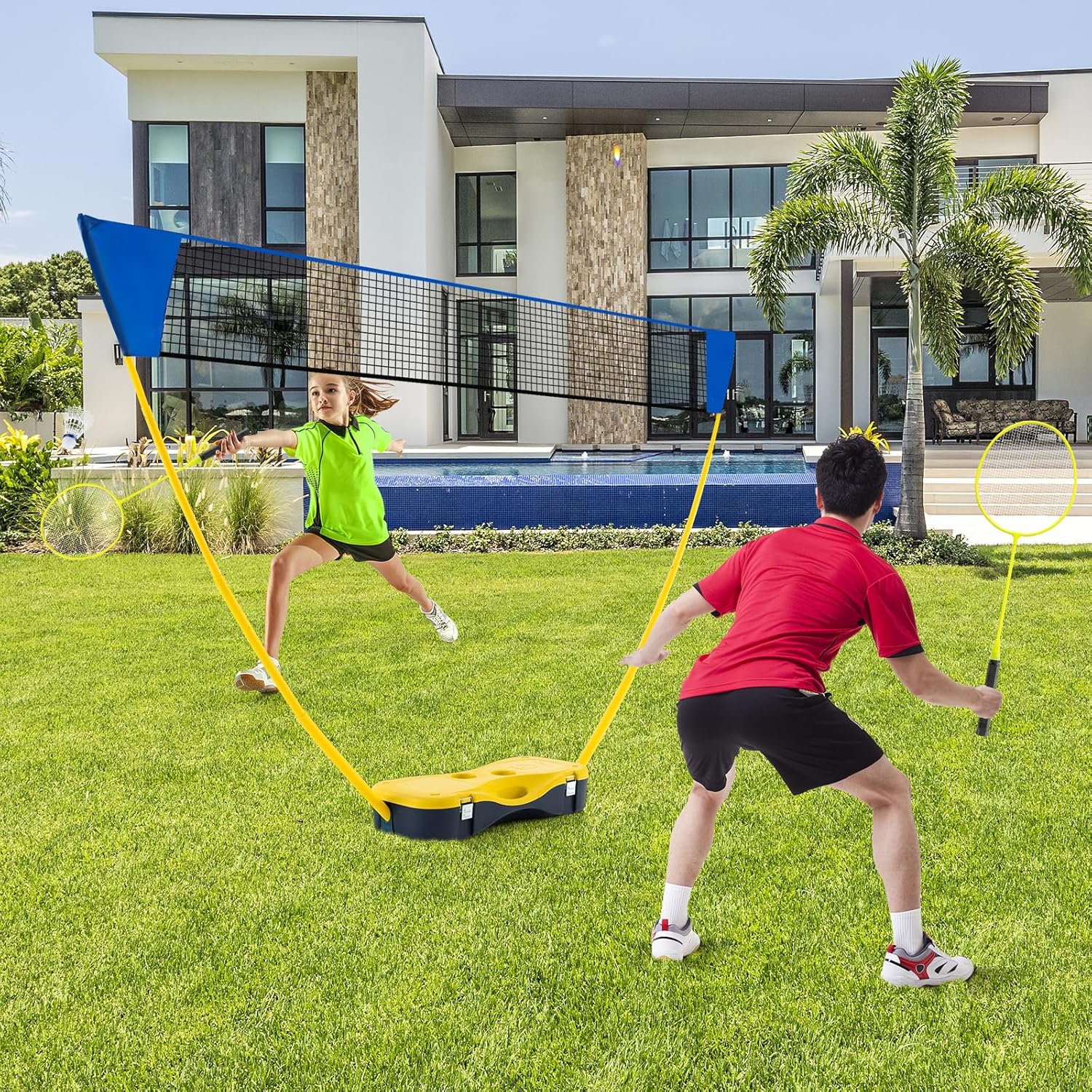 Set di Badminton con Rete, Racchette, 2 Volani e Scatola di Conservazione, Set di Badminton Portatile per 2 Giocatori da Esterno per Bambini, Ragazzi e Adulti