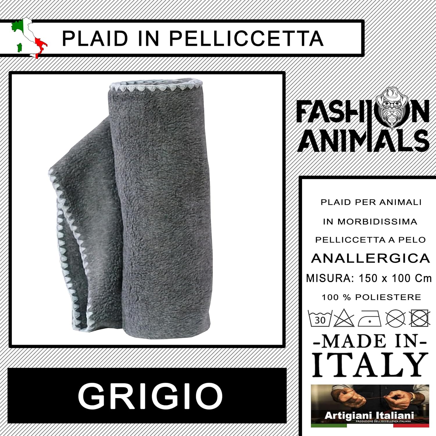 Plaid per cani e gatti - Pelliccetta Sintetica - Coperta morbida e lavabile 150x100 cm - Elegante e resistente - Made in Italy (Grigio)