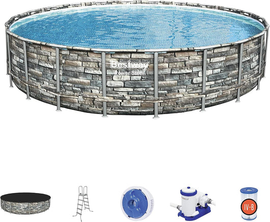 Bestway Piscina Tonda Fuoriterra Power Steel Cm. 671X132, Effetto Pietra Rotonda