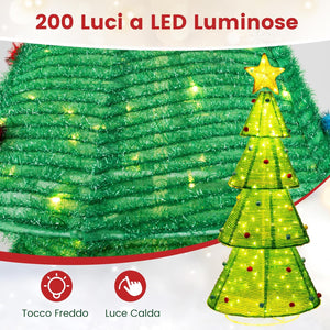 Albero di Natale Pieghevole 190 cm, Decorazione dell'Albero di Natale con 200 Luci LED, Stella in Cima, Palline di Peluche, Decorazione Natalizia per Casa, Giardino, Negozio