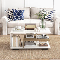 COSTWAY Tavolino da Caffè Rettangolare, Tavolo da Salotto Moderno con Mensola Centrale a Forma di L, Tavolino a 3 Livelli per Soggiorno, Sala di Ricevimento e Ufficio (Bianco)