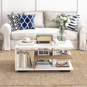 COSTWAY Tavolino da Caffè Rettangolare, Tavolo da Salotto Moderno con Mensola Centrale a Forma di L, Tavolino a 3 Livelli per Soggiorno, Sala di Ricevimento e Ufficio (Bianco)