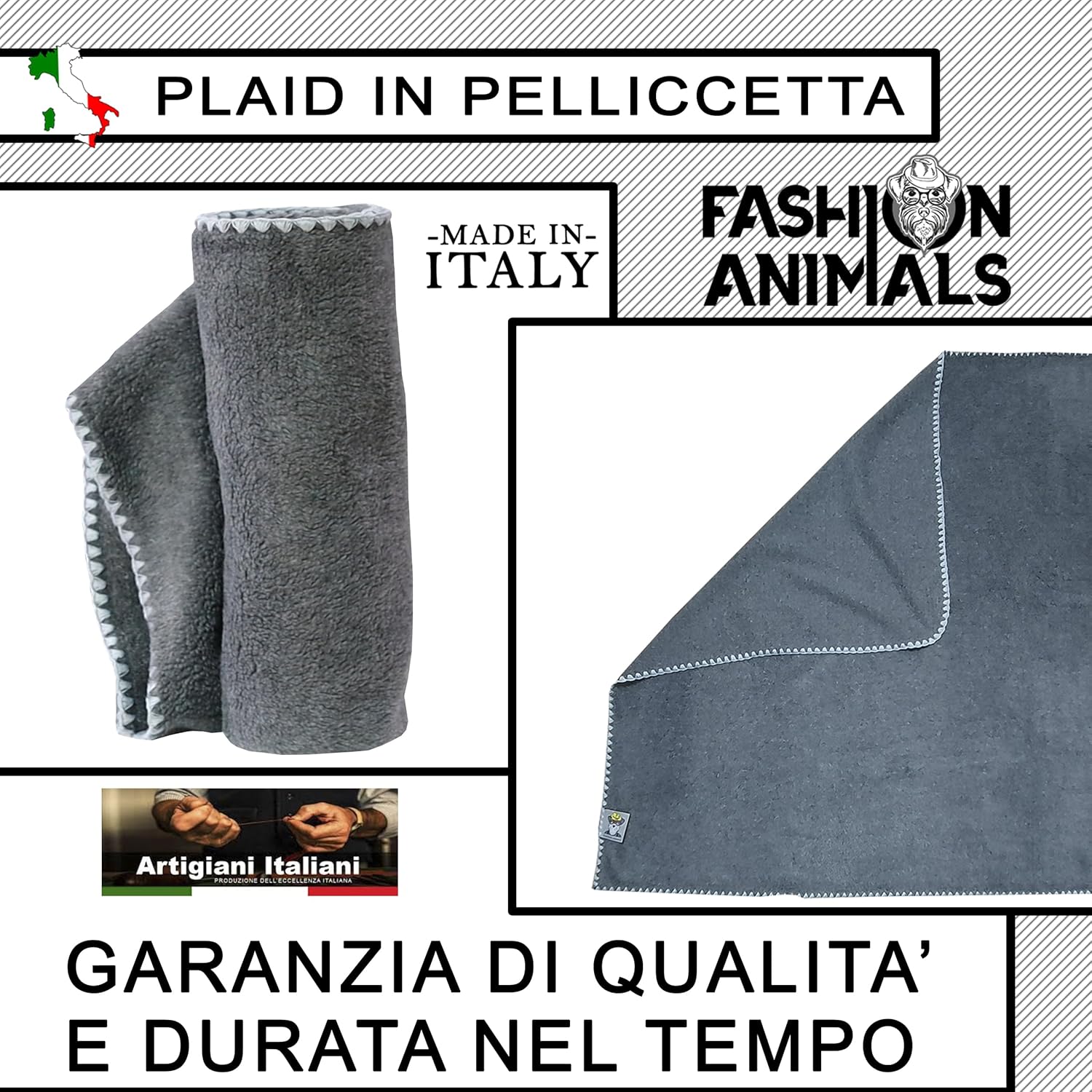 Plaid per cani e gatti - Pelliccetta Sintetica - Coperta morbida e lavabile 150x100 cm - Elegante e resistente - Made in Italy (Grigio)