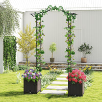 Arco da Giardino con 2 Fioriere Auto-irriganti e Ruote, Supporto per Piante in Metallo Rivestita PE Antiruggine, Grande Arco per Viti e Rose da Matrimonio all'Aperto (Nero)
