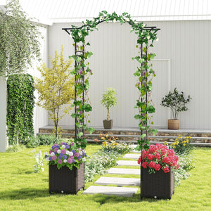 Arco da Giardino con 2 Fioriere Auto-irriganti e Ruote, Supporto per Piante in Metallo Rivestita PE Antiruggine, Grande Arco per Viti e Rose da Matrimonio all'Aperto (Nero)
