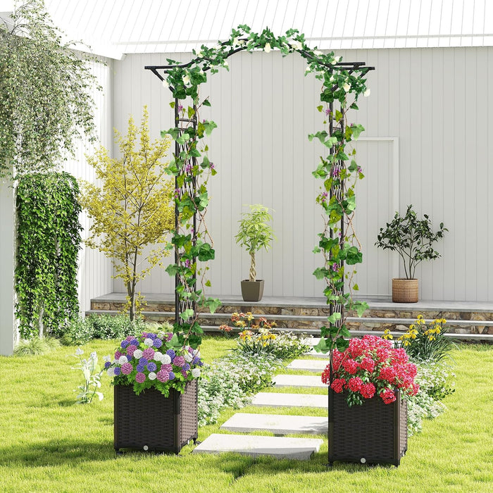 Arco da Giardino con 2 Fioriere Auto-irriganti e Ruote, Supporto per Piante in Metallo Rivestita PE Antiruggine, Grande Arco per Viti e Rose da Matrimonio all'Aperto (Nero)