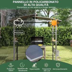 Gazebo Barbecue 248 x 150 x 232 cm, Gazebo con Struttra in Metallo con Tetto in Policarbonato Ventilato, Mesnole Laterali e Ganci, Tenda per Giardino, Patio e Cortile