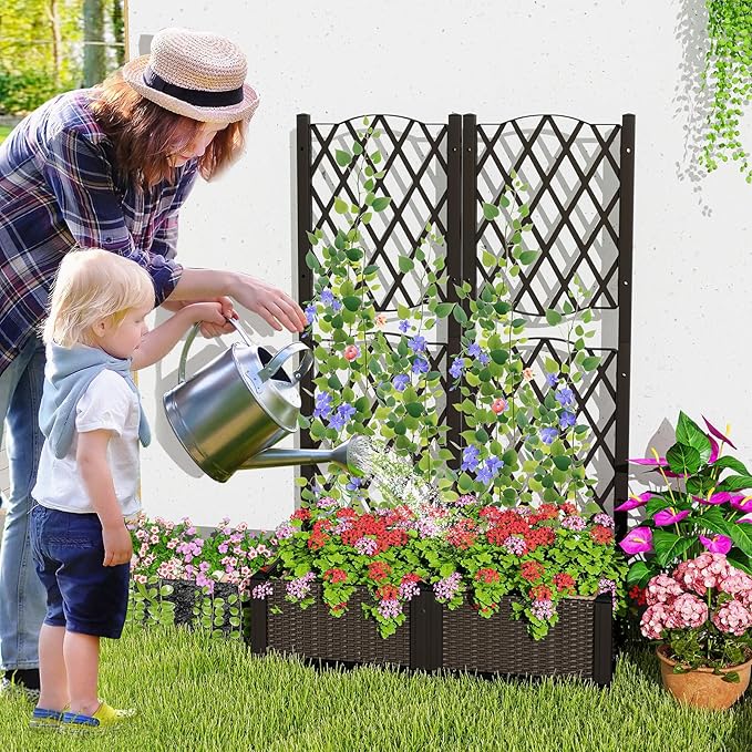 Fioriera con Spalliera da Esterno in PE, Vaso Rettangolare da Giardino con Auto-Irrigante e Fori di Drenaggio, Fioriera con Grigliato per Rampicanti da Balcone (Marrone, 80 x 40 x 122 cm)